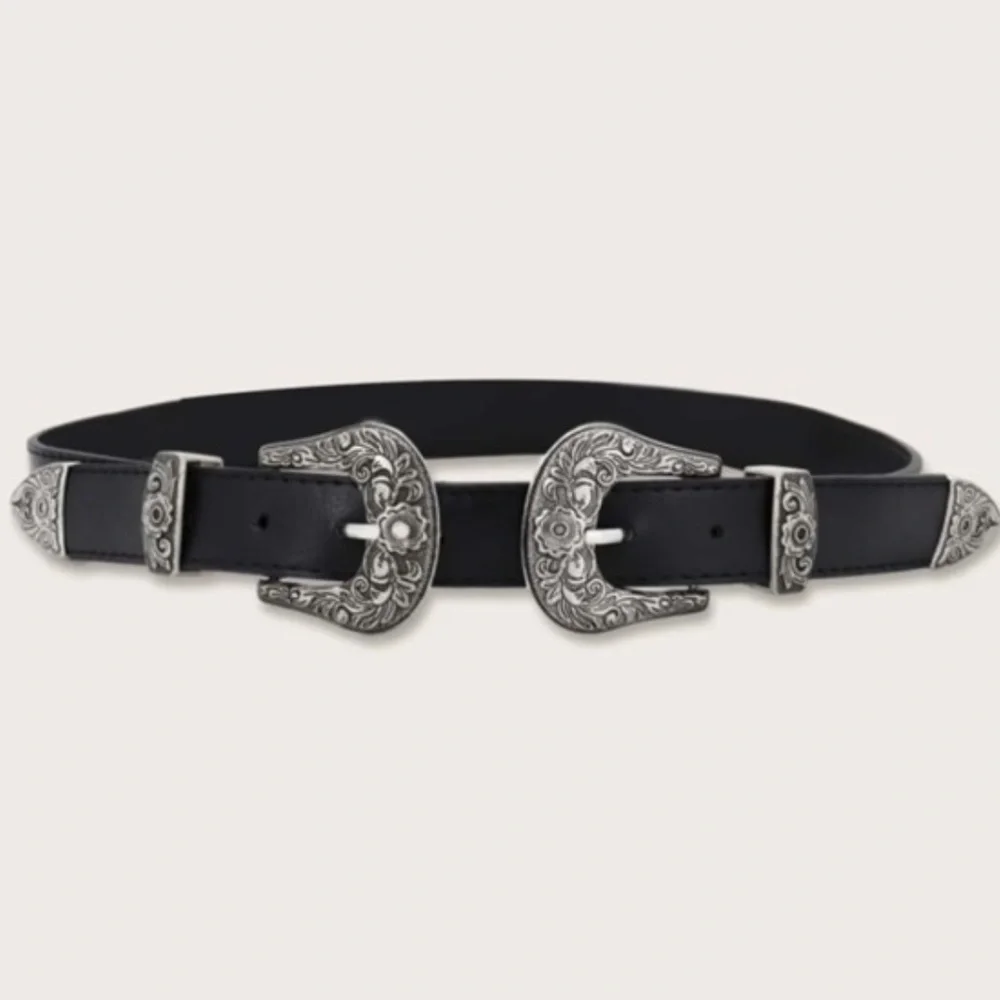 Boho western style double buckle vegan leather belt